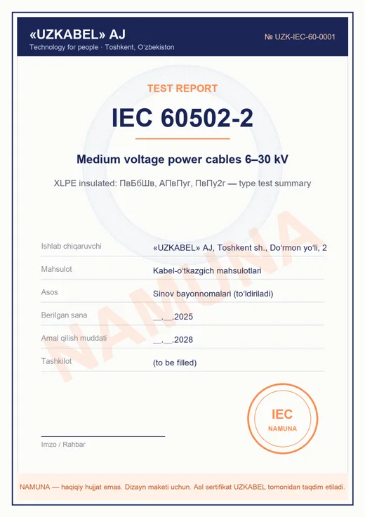 IEC 60502 — sertifikat namunasi