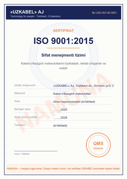 ISO 9001:2015 — sertifikat namunasi