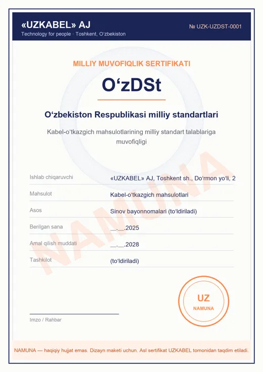 O‘zDSt — sertifikat namunasi